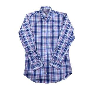 Peter Millar Mens Small Shirt Blue Purple Plaid Button Down Classic Smart Casual